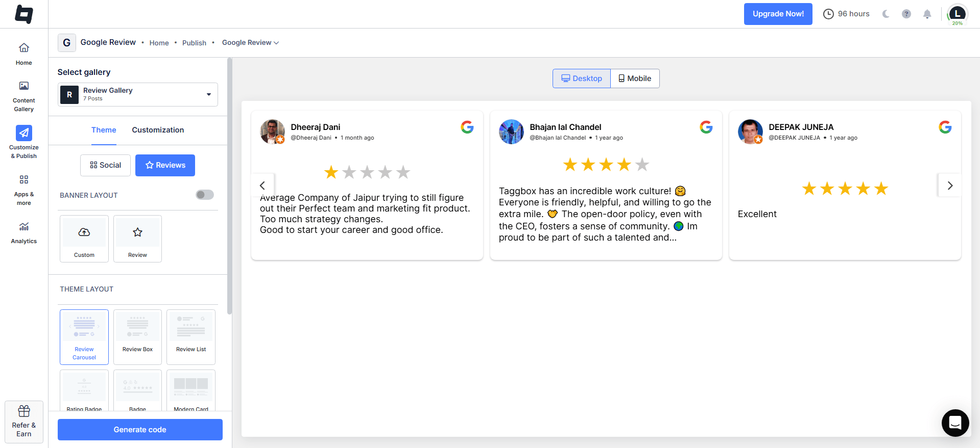 customize the google review gallery