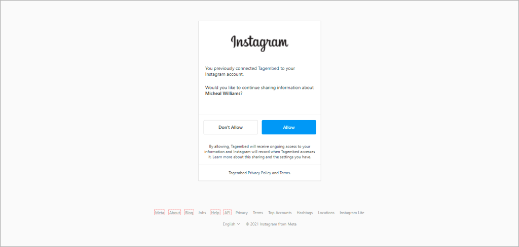 Authorize Tagembed to collect Instagram Feed