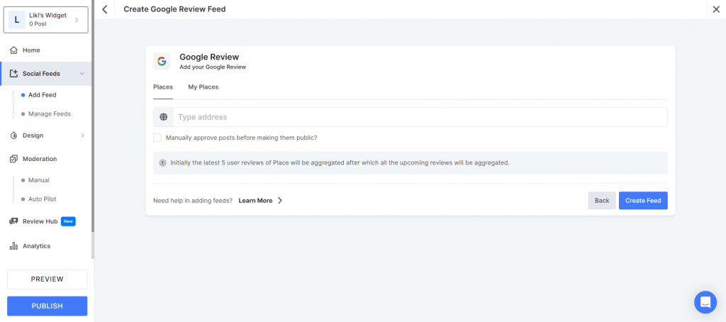 connection type to add google reviews