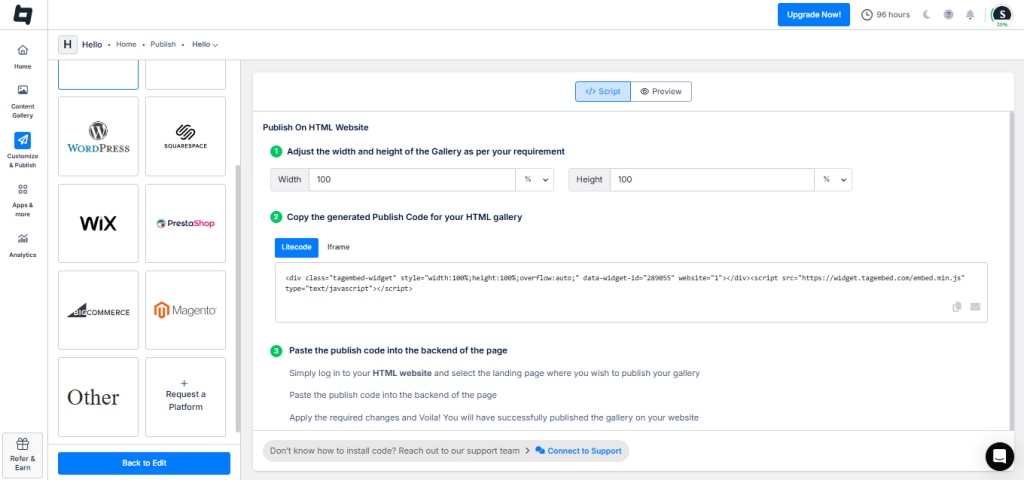 generate code and embed