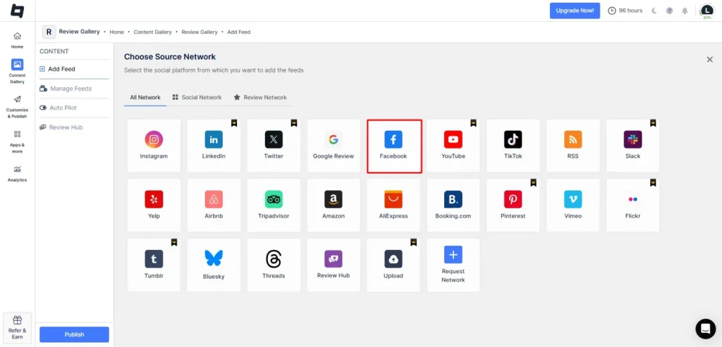 choose facebook as source network