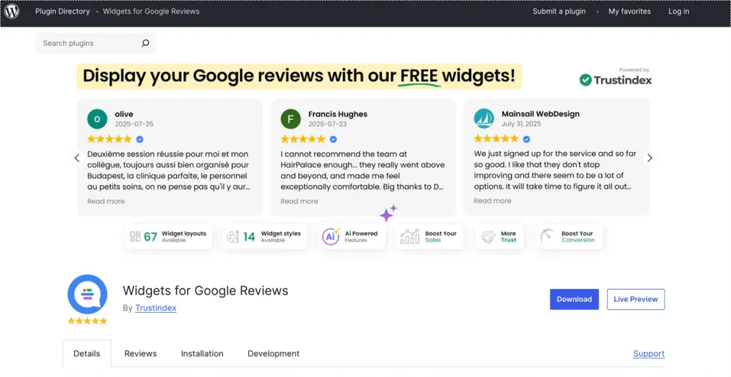 Widgets for Google Reviews WP plugin
