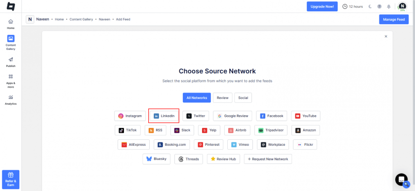 select linkedin source to create feed