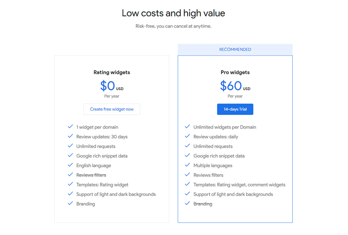Review Widget Pricing Plans