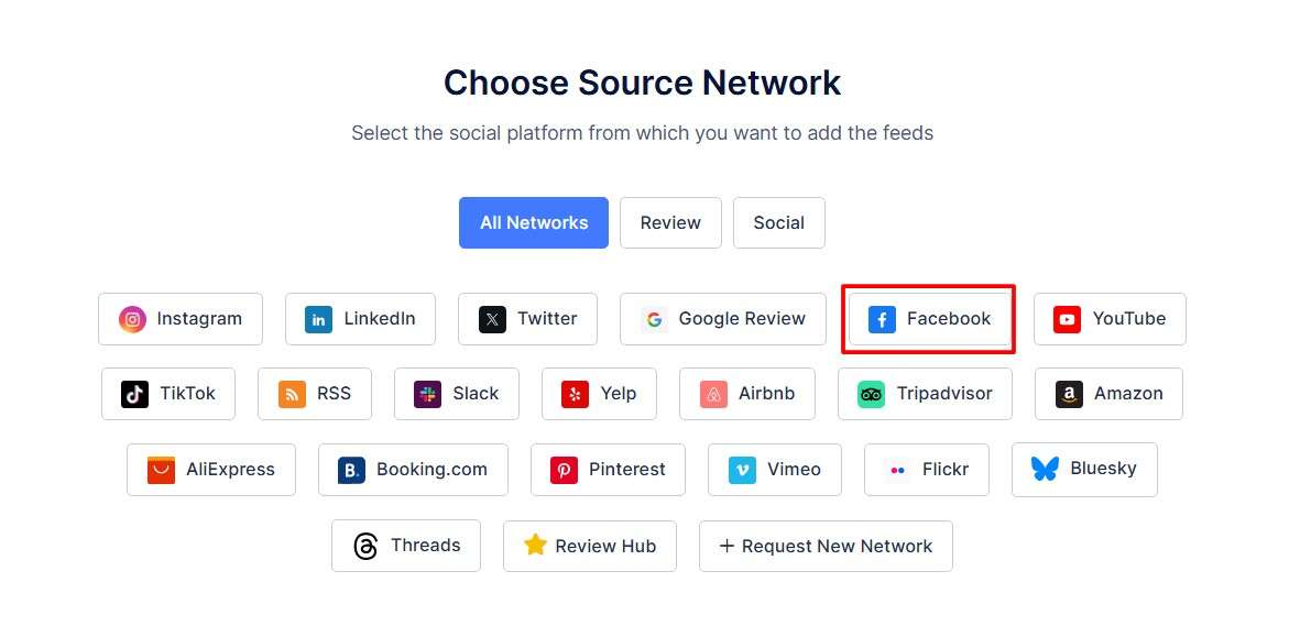 choose source network to show faceboook video