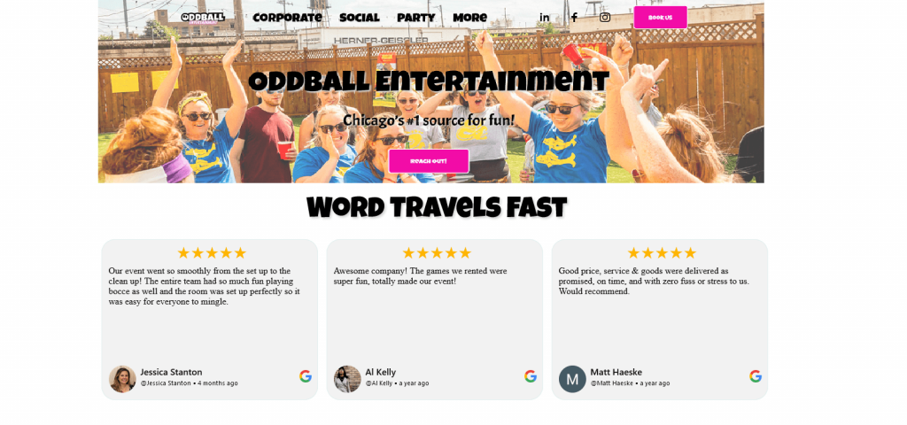 Example Website Using Google Reviews - 4 -odd ball entertainment