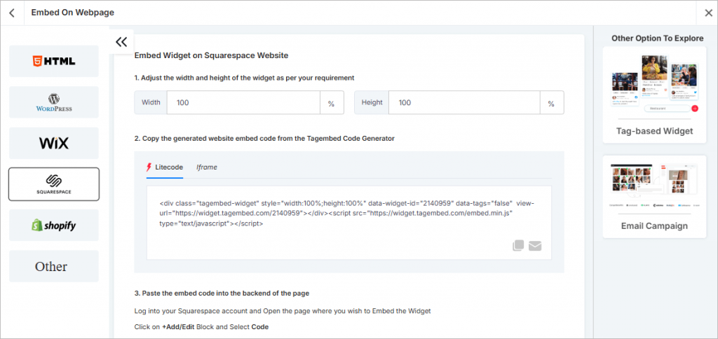Copy Embed Code for Squarespace
