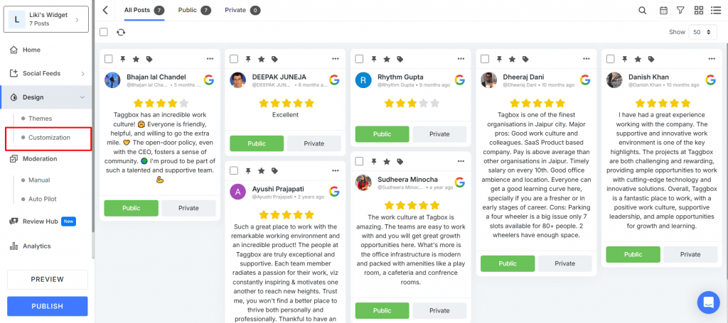 customization for reviews