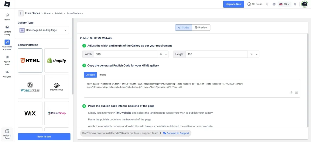 embed the social media stories code