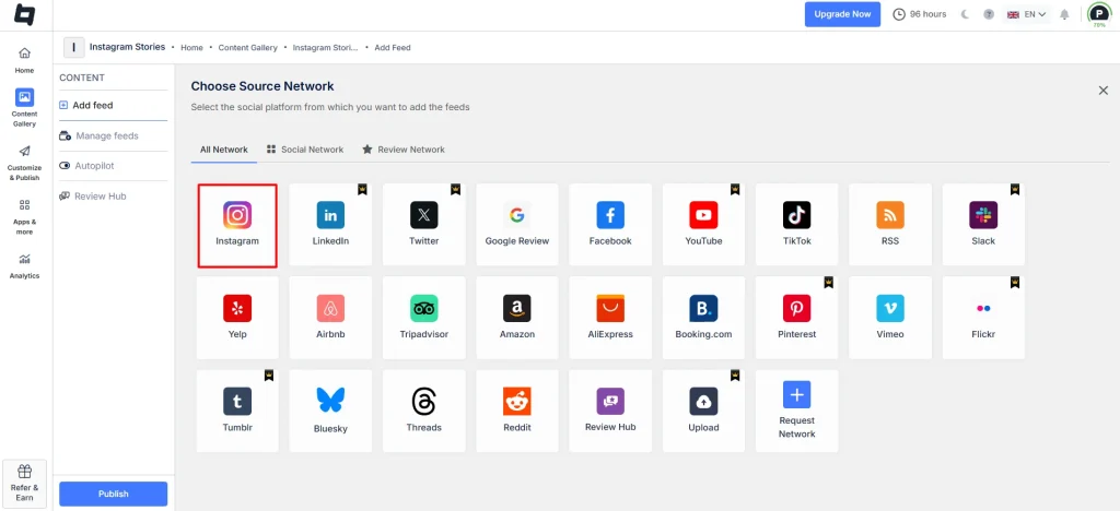 choose instagram as your network