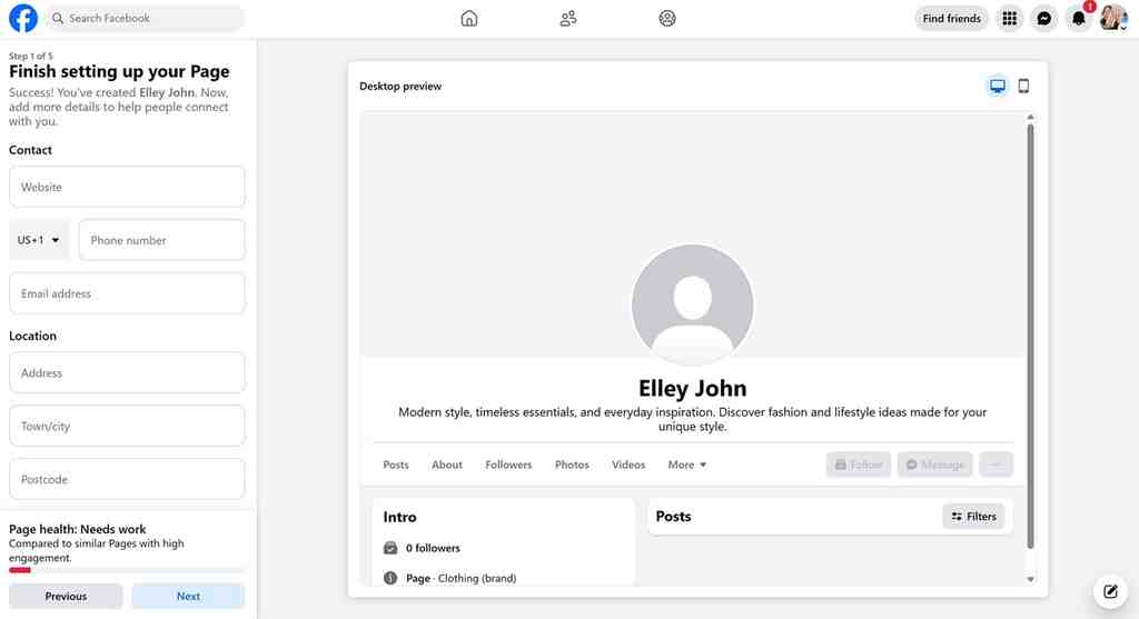 Click Create Page & Complete Your Details