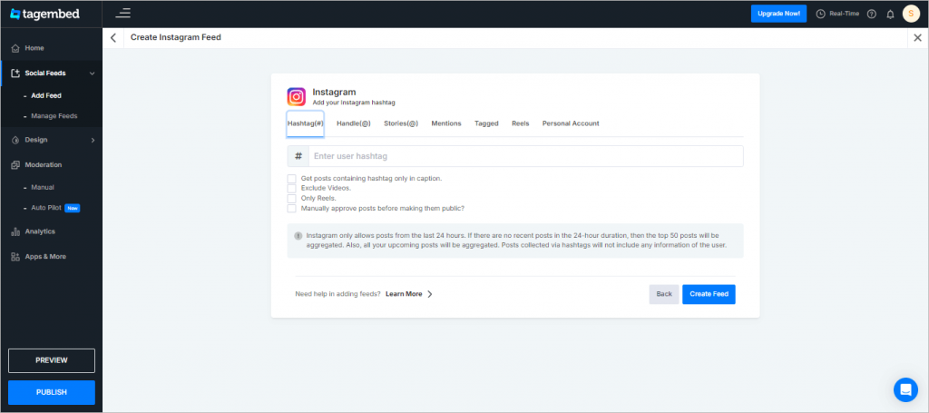 select hashtag for embed Instagram feed