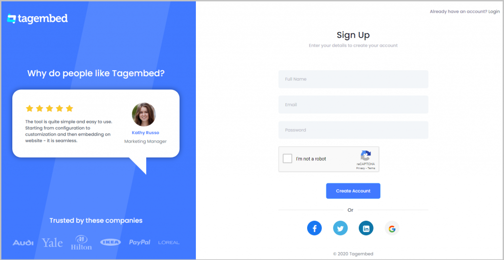 Sign up for a free Tagembed account
