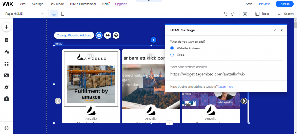 Enter Embed Code to embed Instagram feed on Wix