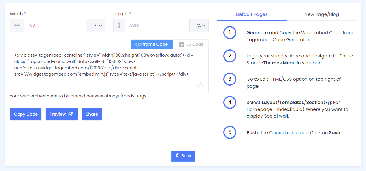 Copy embed code for shopify