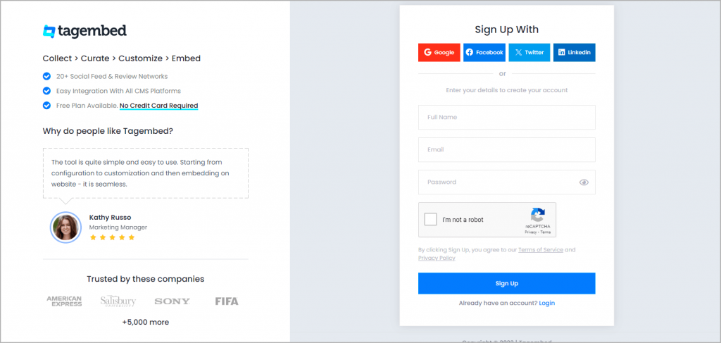 Sign up for a tagembed account