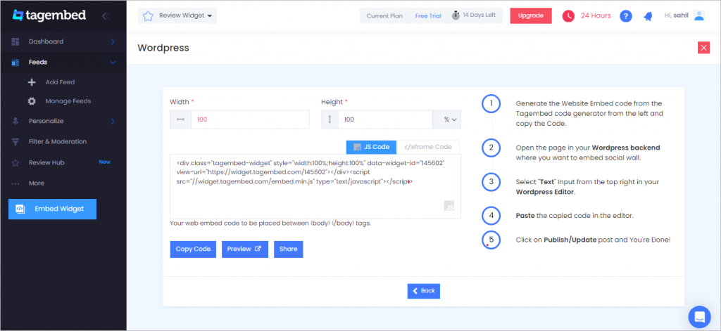 Copy the generated code by Tagembed