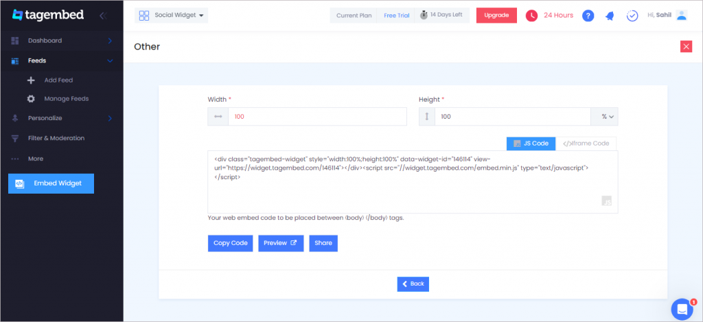 Copy the generated code by Tagembed