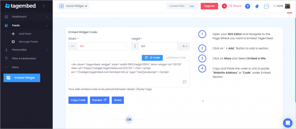 Copy the generated code by Tagembed
