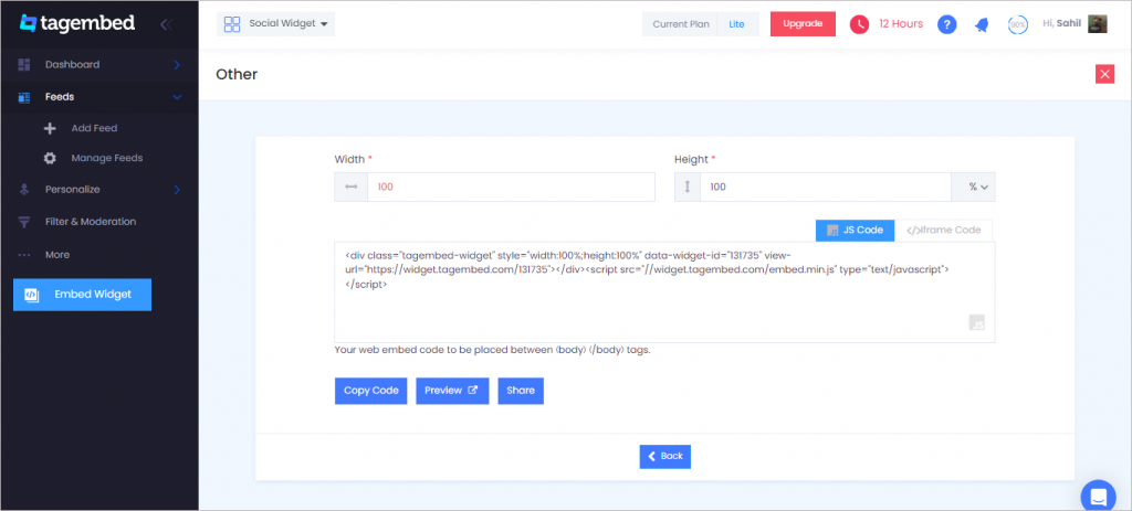 Copy the genrated code by tagembed