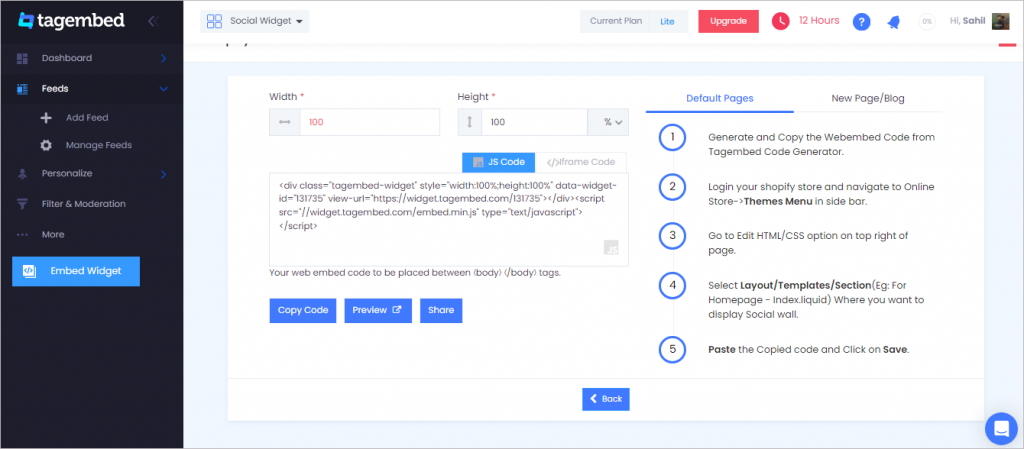 Copy the generated code by tagembed