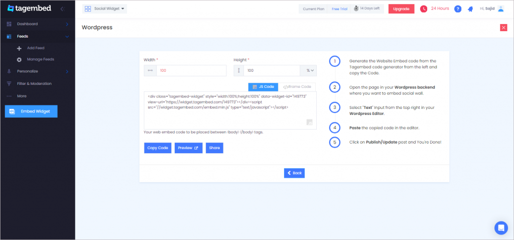 Copy the generated code by tagembed