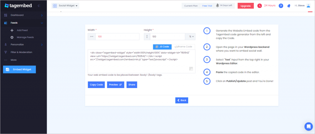 Copy the produced code by Tagembed