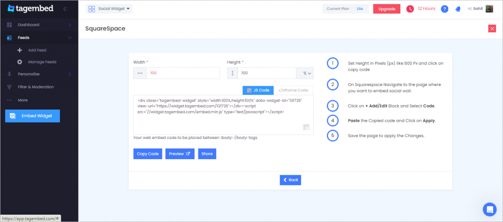 Copy the generated code by Tagembed.