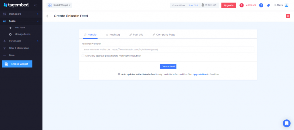 Enter handle details to collect Linkedin feeds