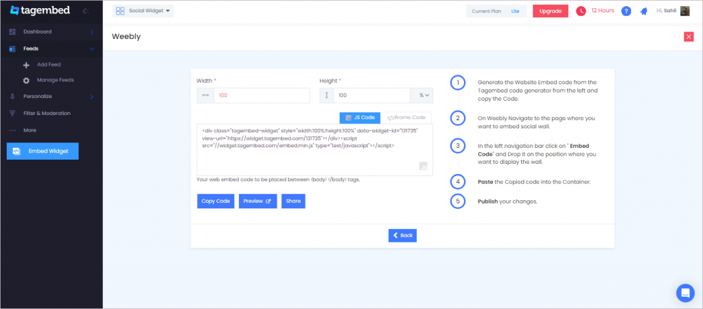 Copy the produced code by Tagembed.